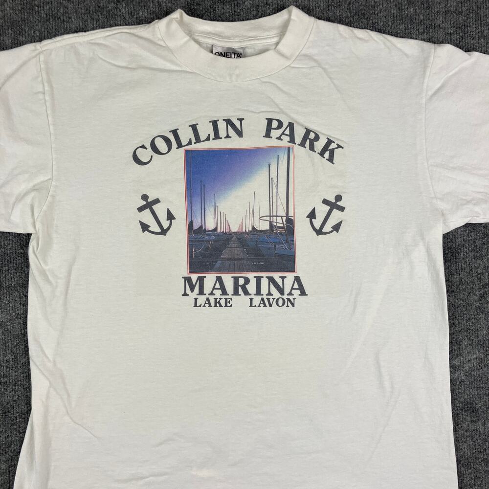 Collin Park Marina T-Shirt Men's Size L White Graphic Tee Vintage 90s USA